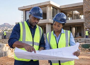 Professional construction staff reviewing building plans