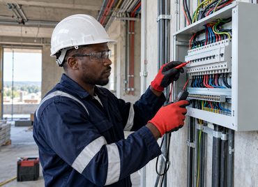Professional electrician testing a distribution board