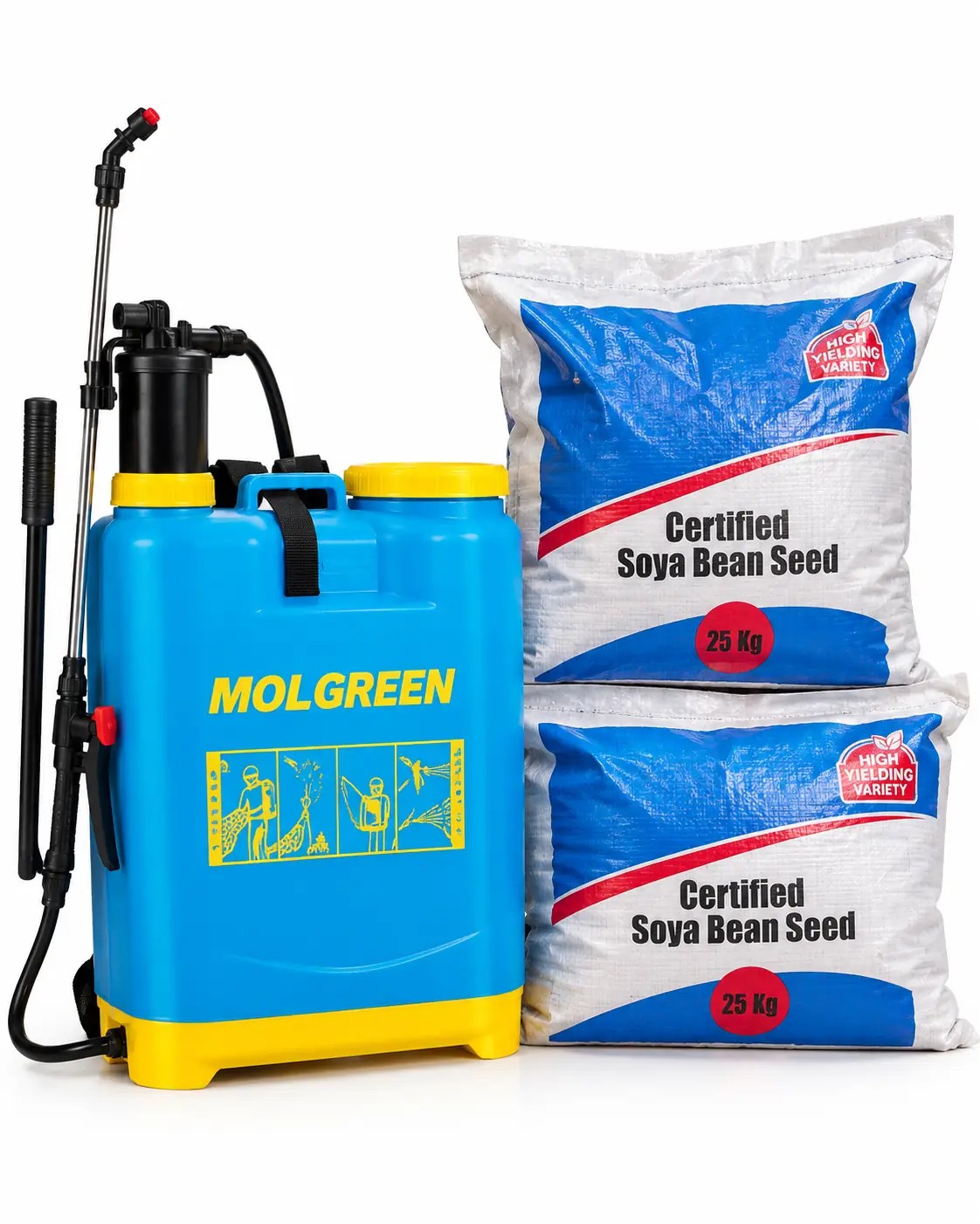 Molgreen knapsack sprayer and soya bean seed bags